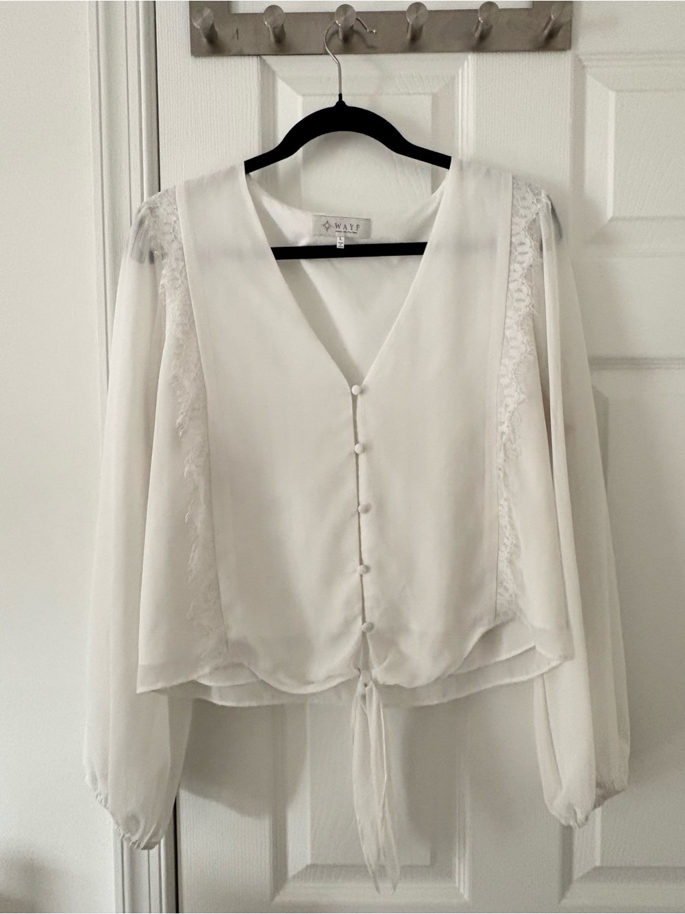 White Lace Detail Tie-Front Blouse | Size Large - Picture 1 of 3